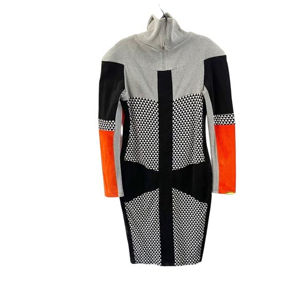 Nuvula Geometric Colorblock Long Sleeve Mock Neck Retro Mod Midi Dress Sz M - Picture 3 of 13